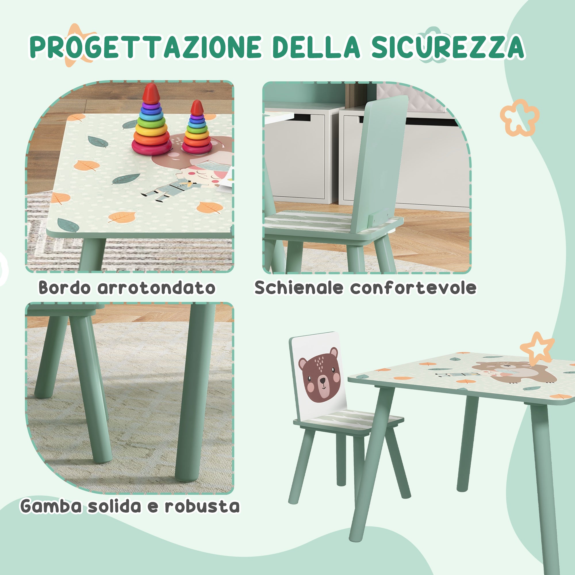 EASYCOMFORT Set Tavolo e Sedie 3 Pezzi per Bambini 3-8 Anni in MDF e Legno  di Pino, Verde