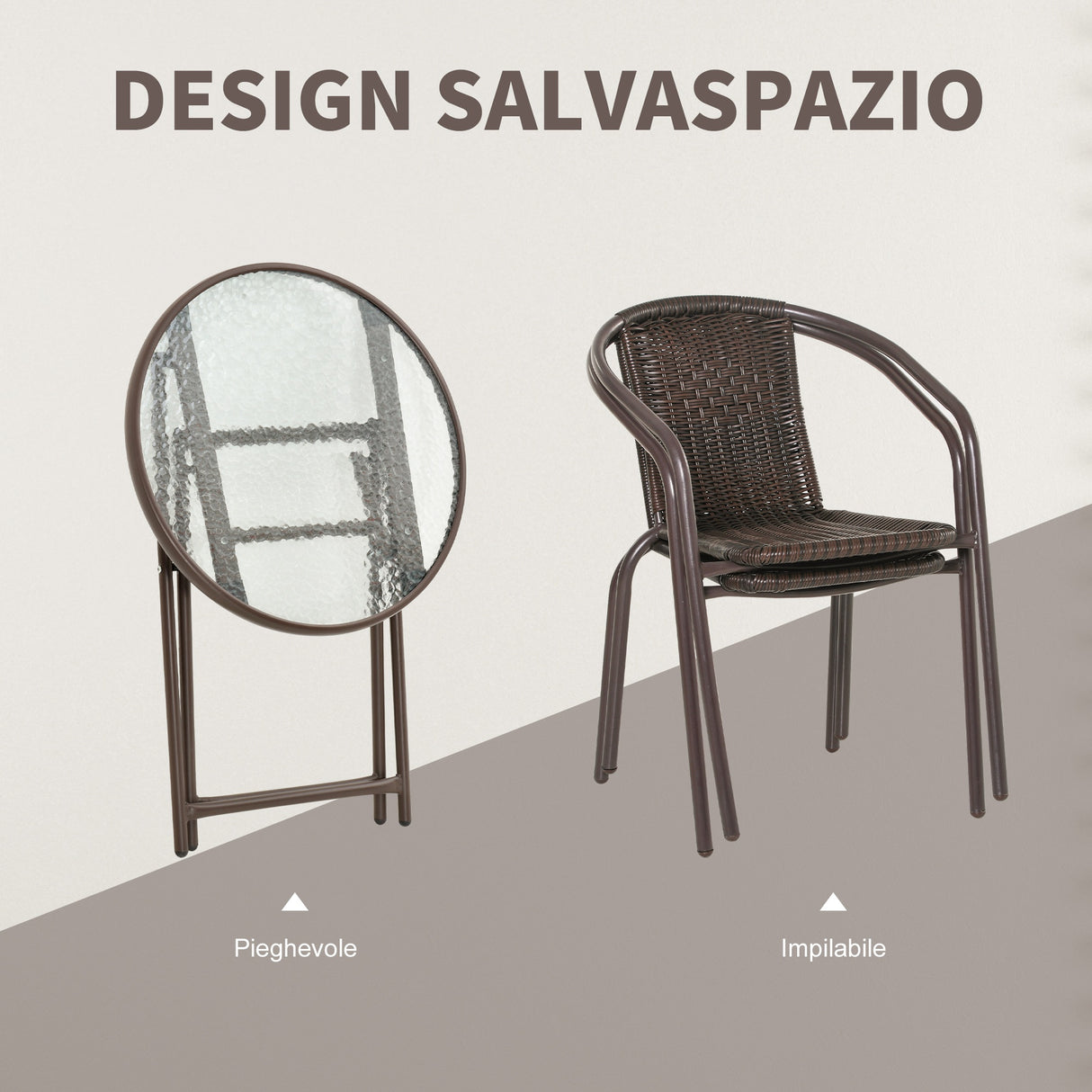 easycomfort easycomfort set tavolo pieghevole e 2 sedie da giardino in acciaio e rattan pe marrone
