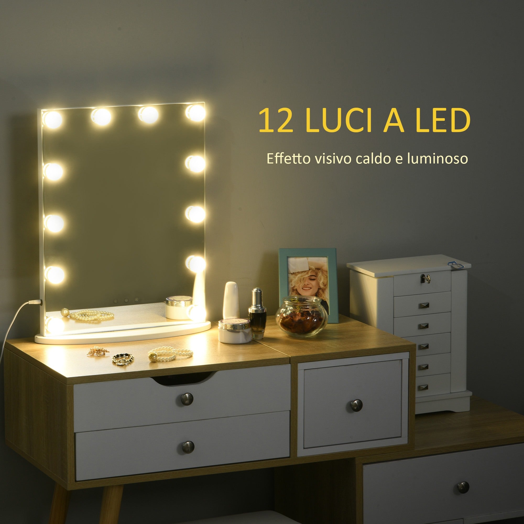 EASYCOMFORT Specchio da Tavolo per Trucco e Make up con 12 Luci a LED  Dimmerabili e Interruttore Touch