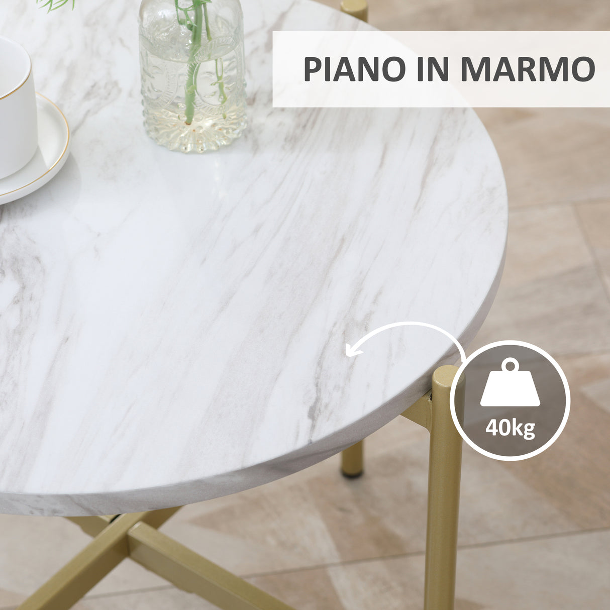 easycomfort easycomfort tavolino da caffe con piano dappoggio effetto marmo e struttura in metallo dorato 55x45cm bianco