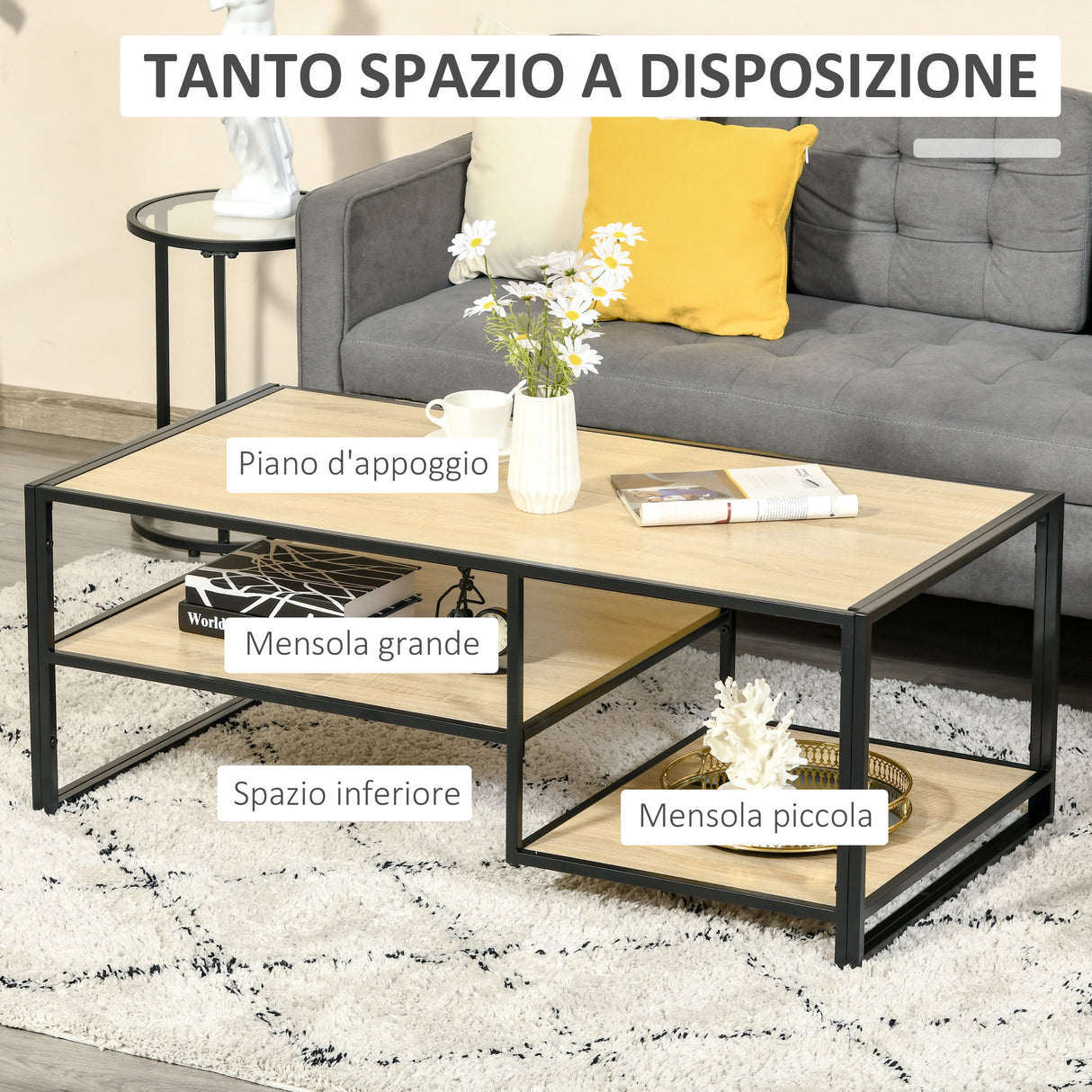 easycomfort easycomfort tavolino da caffe in stile industriale a 3 ripiani in mdf e acciaio 120x60x46cm