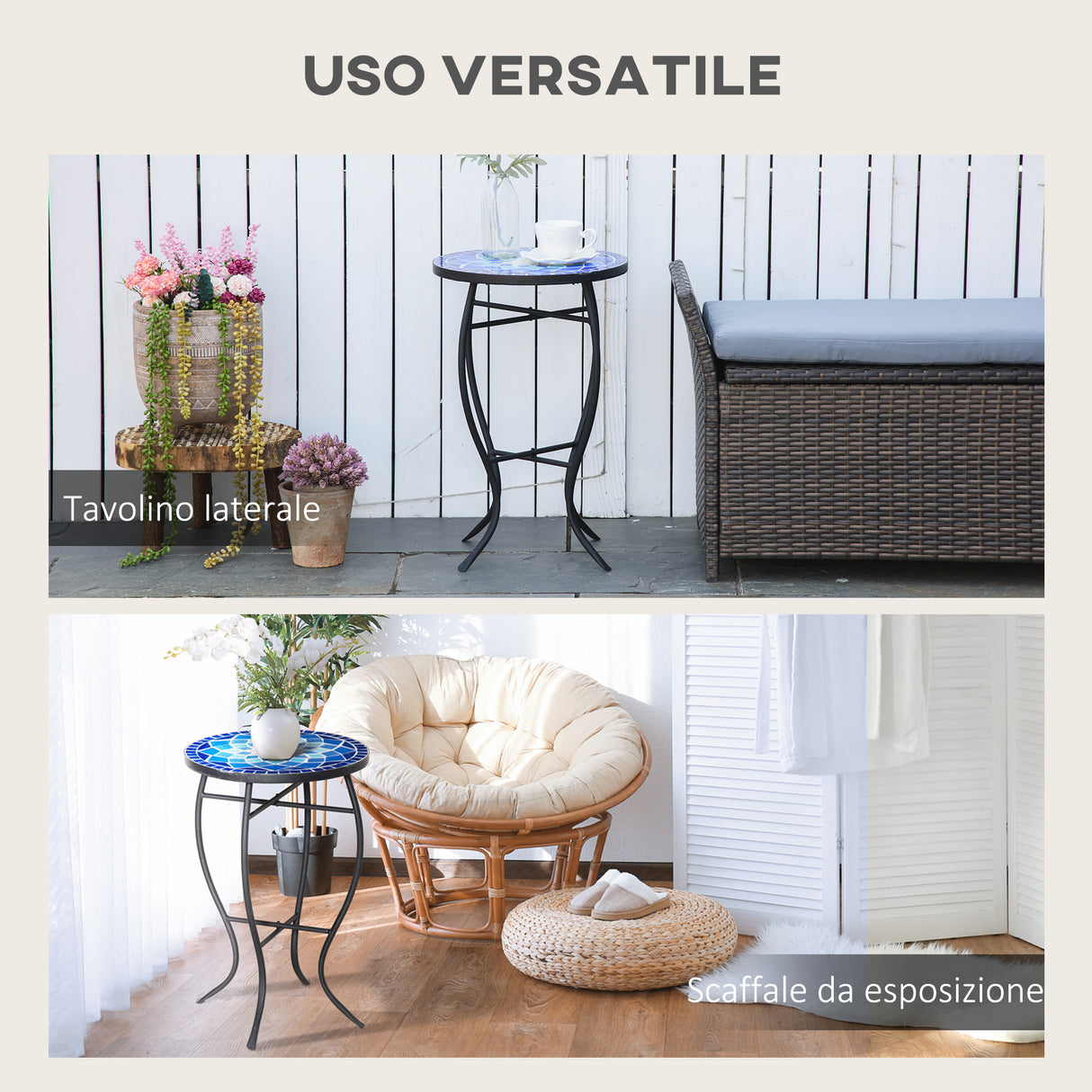 easycomfort easycomfort tavolino da giardino rotondo a mosaico in metallo con piano in ceramica 35 5x53 5cm