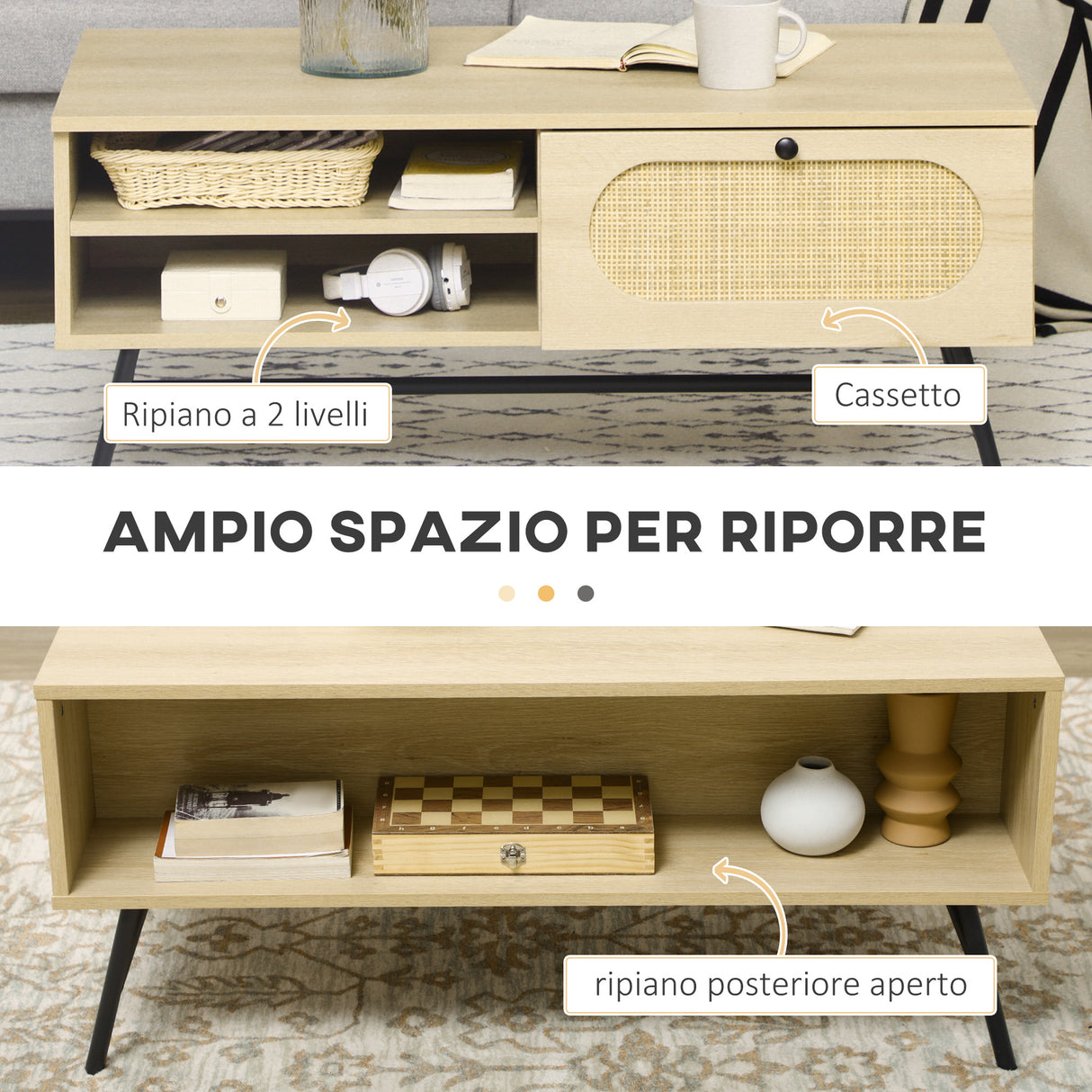 easycomfort easycomfort tavolino da salotto con cassetto e gambe in metallo stile boho 100x59 5x44 3cm naturale