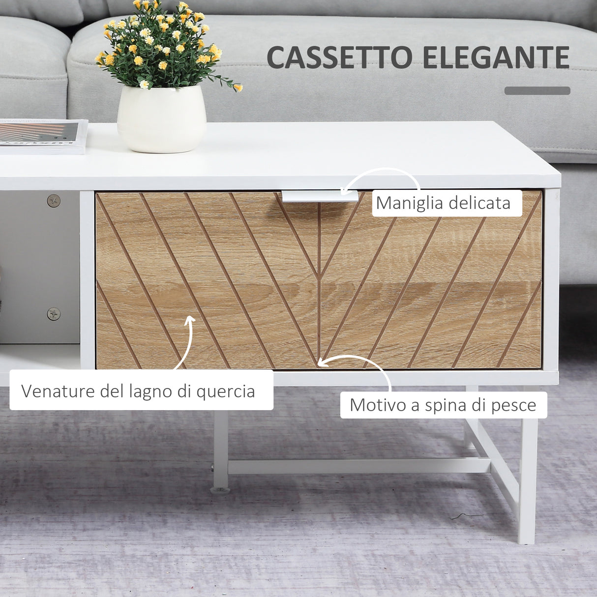 easycomfort easycomfort tavolino da salotto rettangolare con cassetti in legno e metallo 100x50x40cm bianco