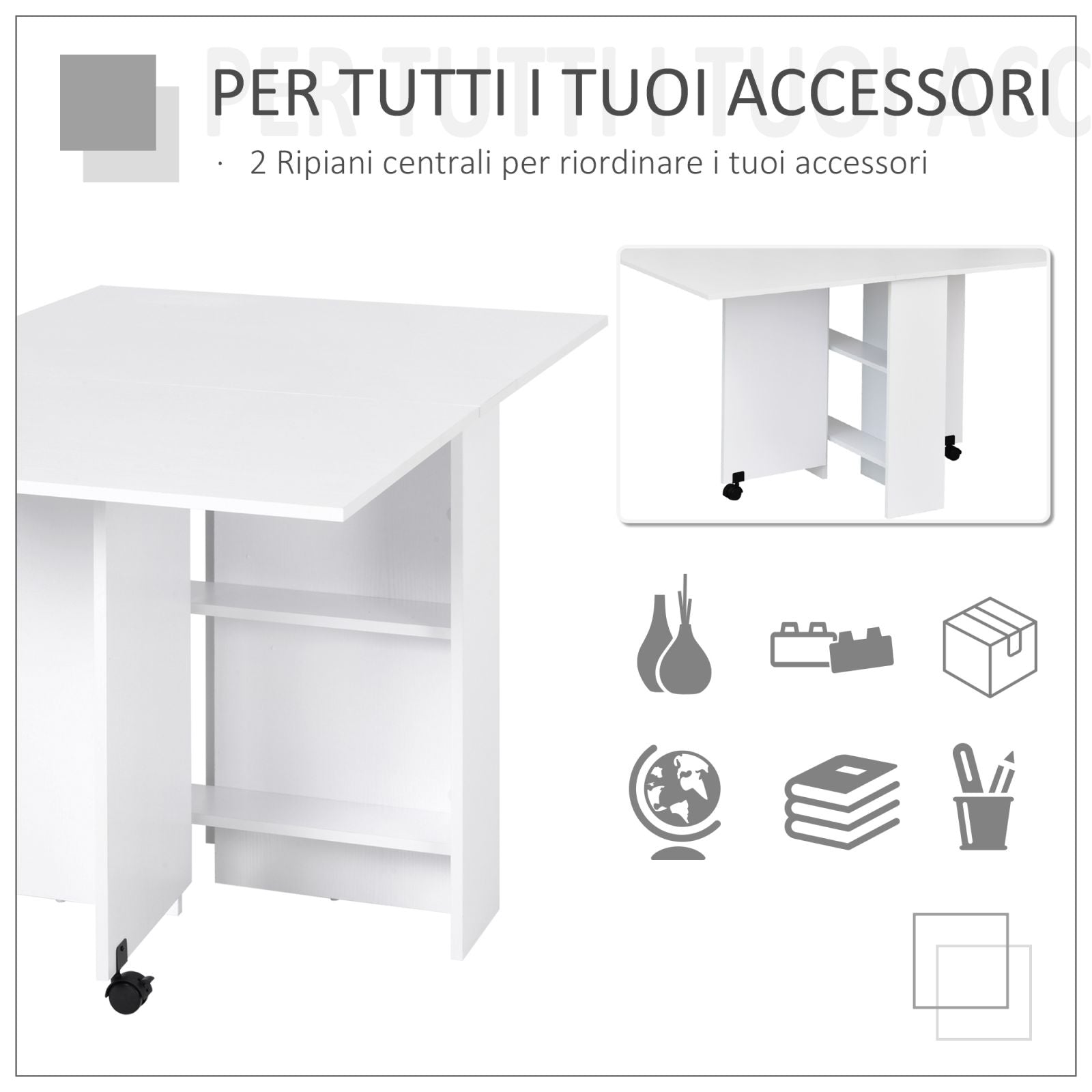 EASYCOMFORT Tavolo Pieghevole con 2 Ripiani iInferiori in Legno, Tavolo  Richiudibile con Ruote per 6 Persone, Bianco