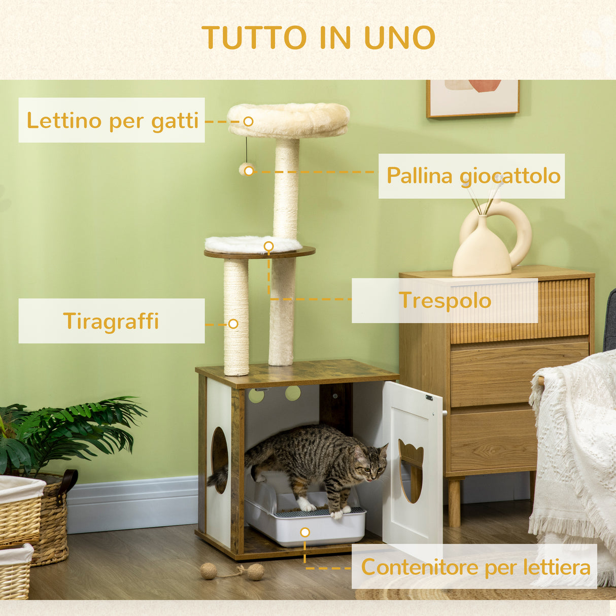 easycomfort easycomfort tiragraffi per gatti con mobile porta lettiera posatoi e pallina da gioco 49x46x131 5 cm marrone