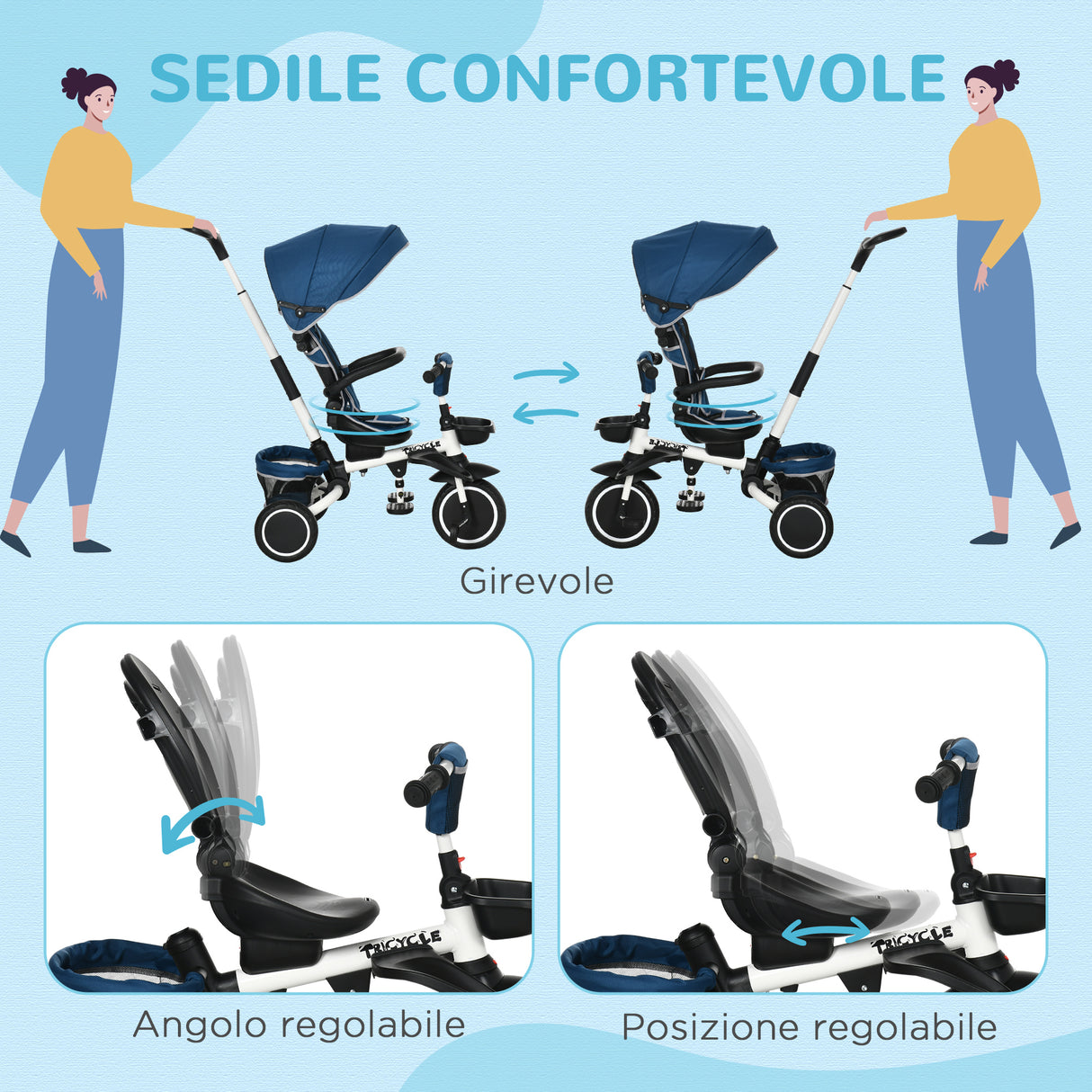 easycomfort easycomfort triciclo per bambini 12 50 mesi con maniglia di spinta tettuccio e poggiapiedi 110x58x100 cm blu e bianco
