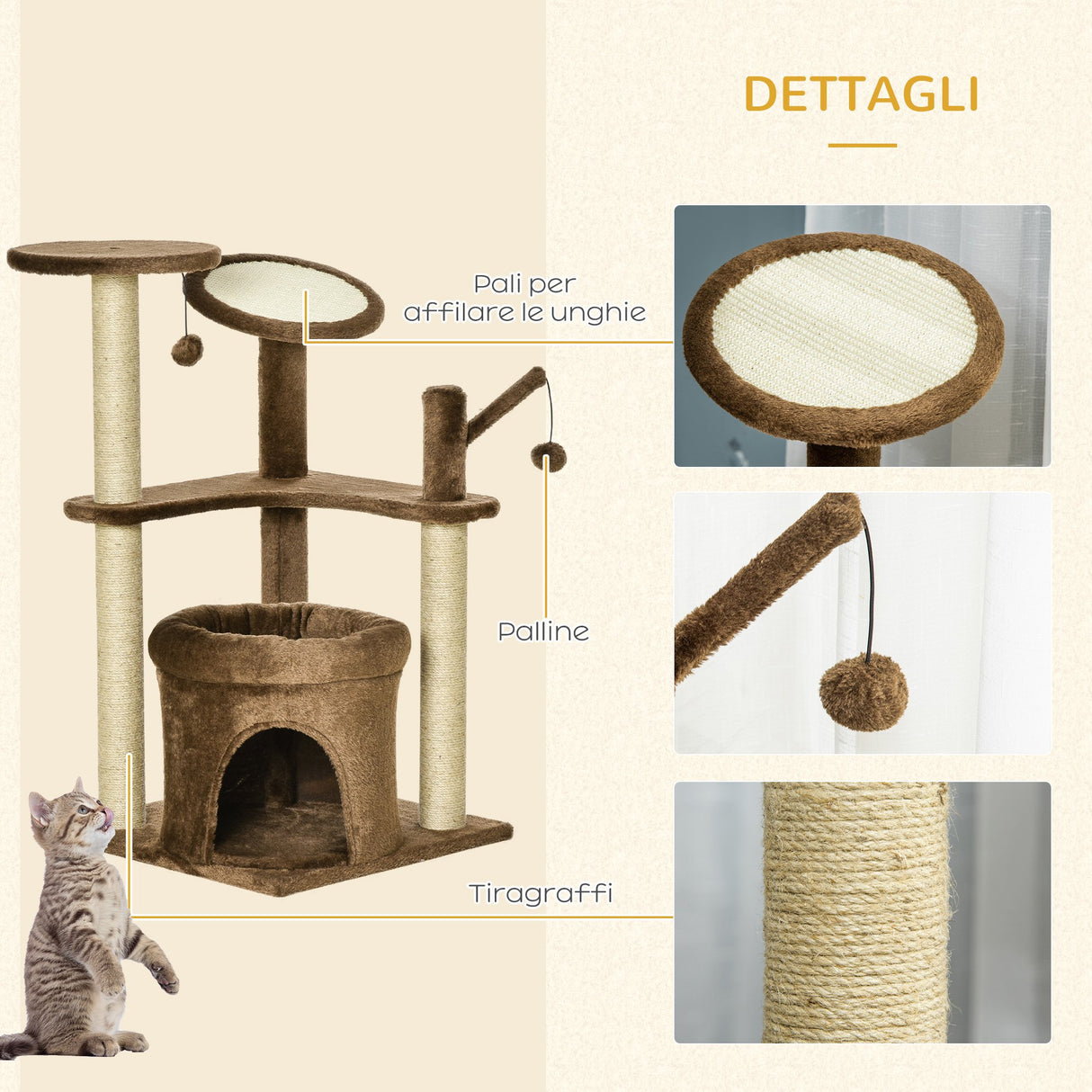 easycomfort easycomfort albero tiragraffi per gatti con pali in corda sisal casetta e cuscino rivestimento in peluche altezza 87cm caffe