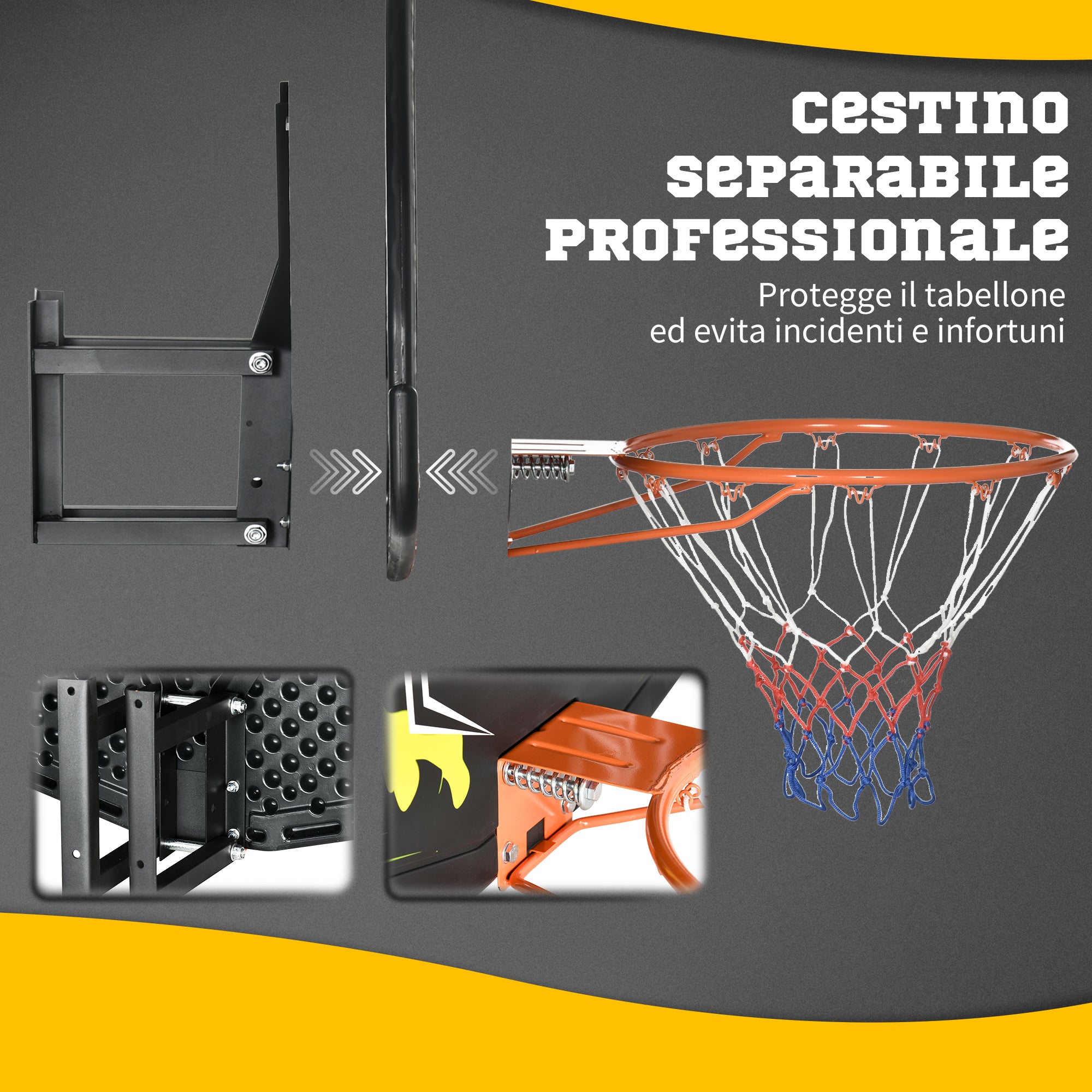EASYCOMFORT Canestro Basket per Bambini e Adulti da Indoor e Outdoor in  Acciaio e PE, 110x90x70 cm, Nero e Giallo