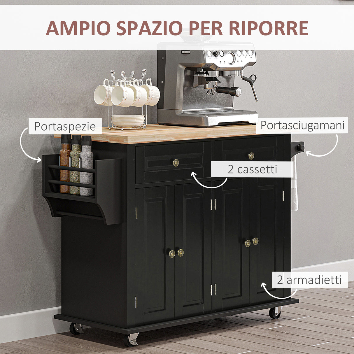 easycomfort easycomfort carrello da cucina portavivande con cassetti armadietti e portaspezie in legno e mdf 111x44 5x82 5 cm nero