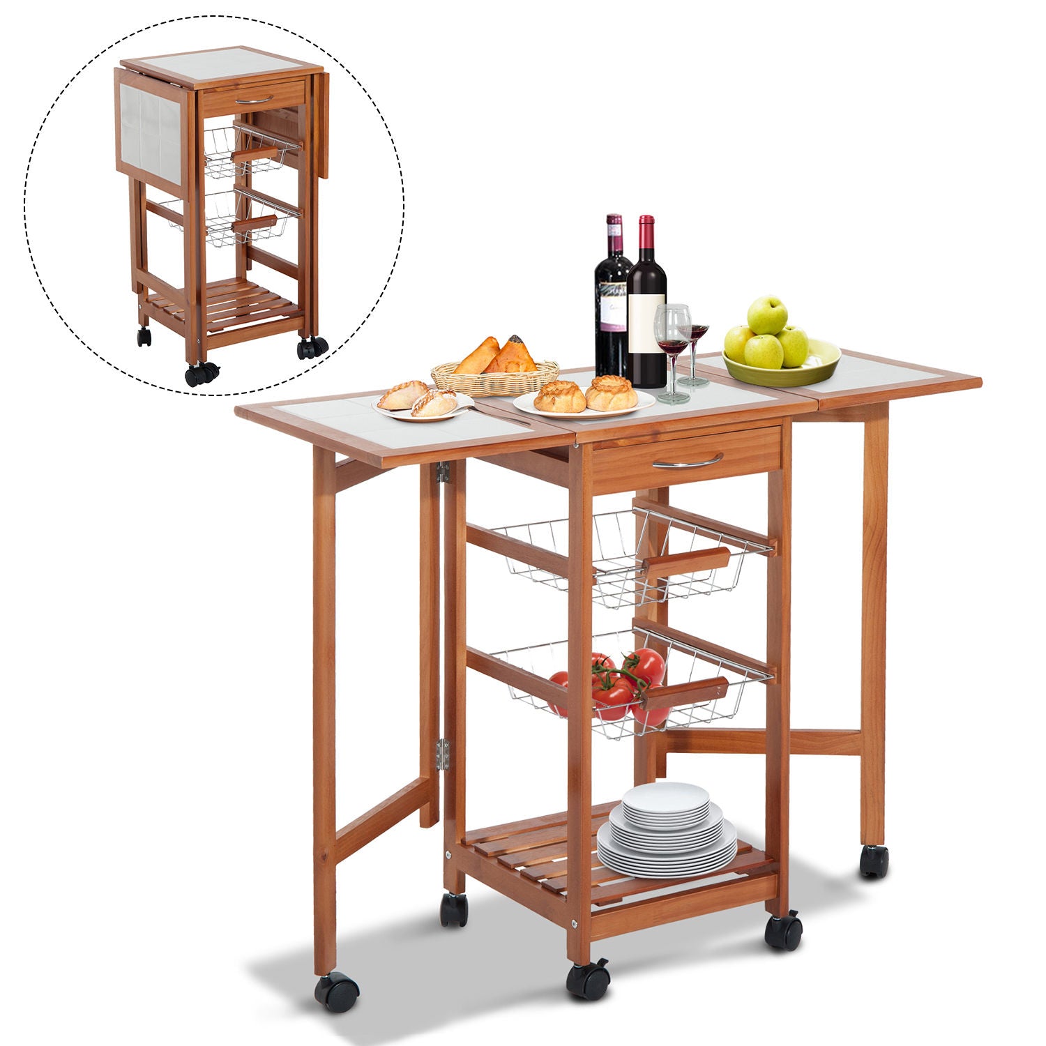 EASYCOMFORT Carrello da Cucina con Piano in Mattonella Servizio Ausiliare  Legno metallo Cromato 6 Ruote Cassetto