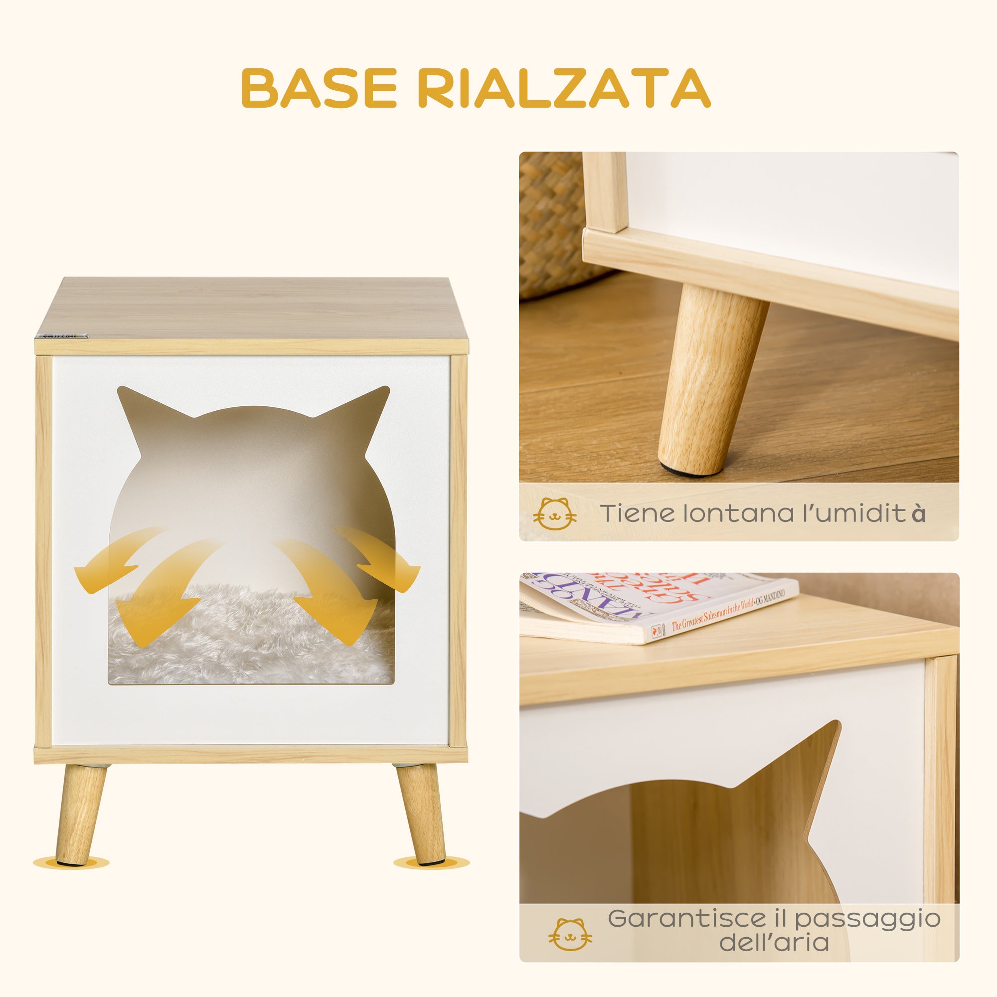 EASYCOMFORT Casetta per Gatti da Esterni con 2 Ingressi, 2 Gradini e 1  Balcone, Cuccia per Gatti in Legno d'Abete, 60x46x65 cm, Grigia