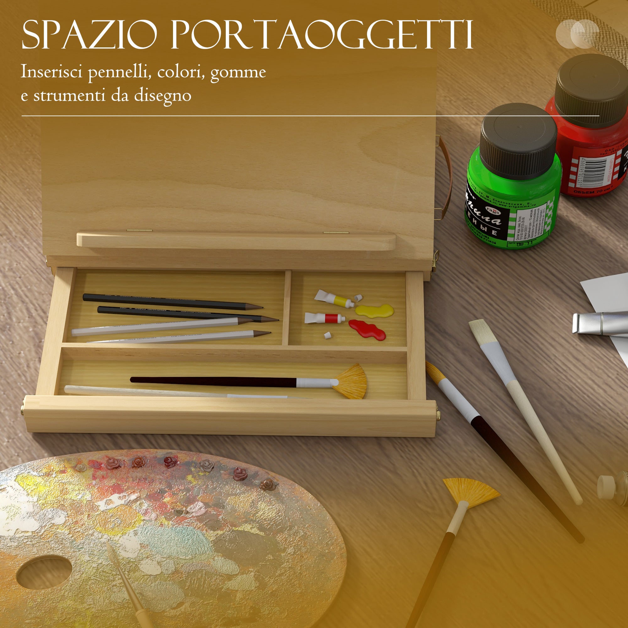 EASYCOMFORT Cavalletto per Pittura Pieghevole in Faggio con Angolazione  Regolabile e Cassetto, 33.5x26x26 cm