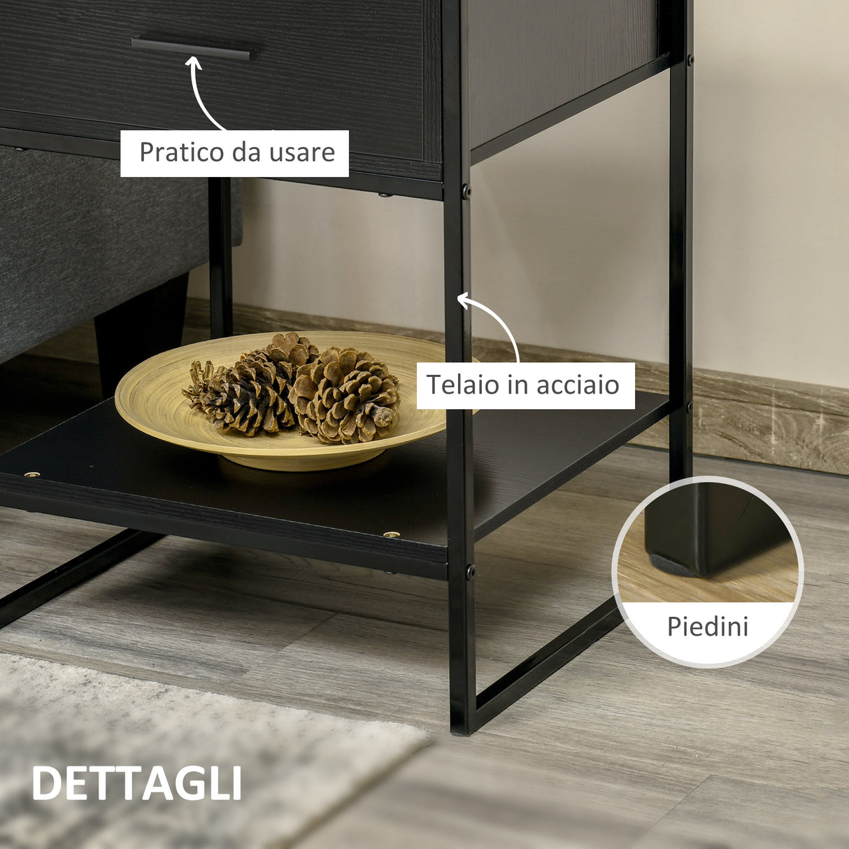 easycomfort easycomfort comodino moderno con cassetto e ripiano aperto per camera da letto e soggiorno in truciolato e acciaio 45x40x60cm nero