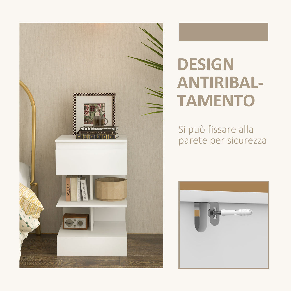easycomfort easycomfort comodino moderno in truciolato e mdf con un cassetto e 2 ripiani 39x39x65 cm bianco