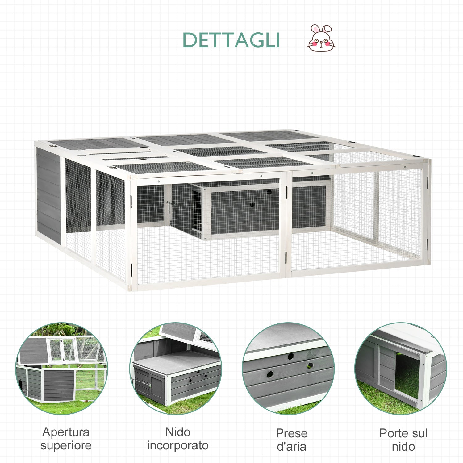 EASYCOMFORT Conigliera da Esterno e Interno con Tetto Apribile Gabbia per  2-4 Conigli in Legno e Metallo - Grigia