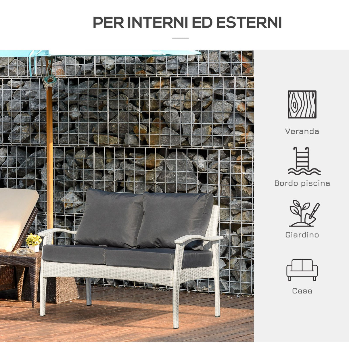 easycomfort easycomfort divano da esterno 2 posti in rattan pe panchina da giardino con cuscini e braccioli 120x63x77cm bianco ean 8055776911304