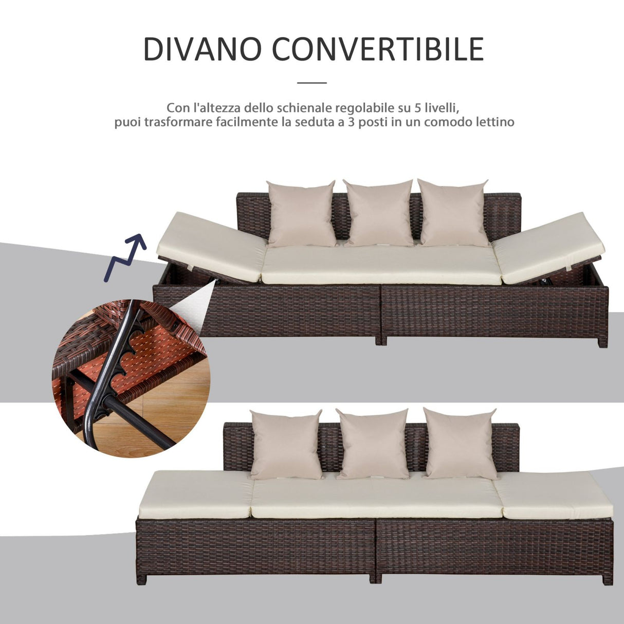 easycomfort easycomfort divano da esterno convertibile in pe rattan marrone con cuscini imbottiti crema ean 8055776916347