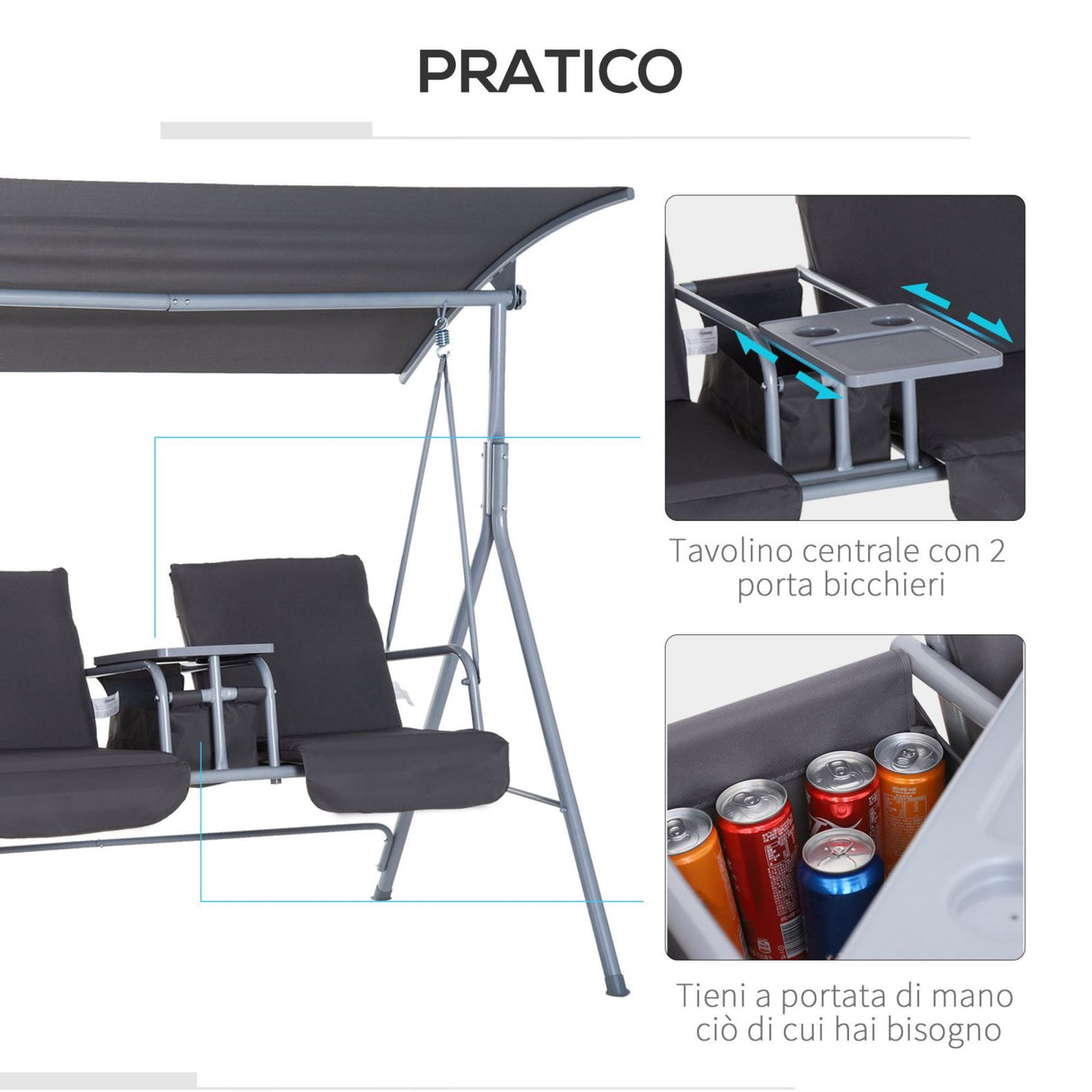 easycomfort easycomfort dondolo da giardino 2 posti separati con tavolino centrale e tetto regolabile in metallo 175x112x165cm grigio ean 8054144137643