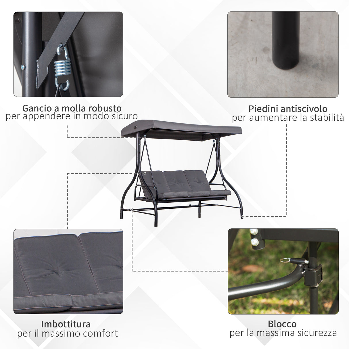 easycomfort easycomfort dondolo letto da giardino 3 posti con tettuccio regolabile metallo e poliestere grigio