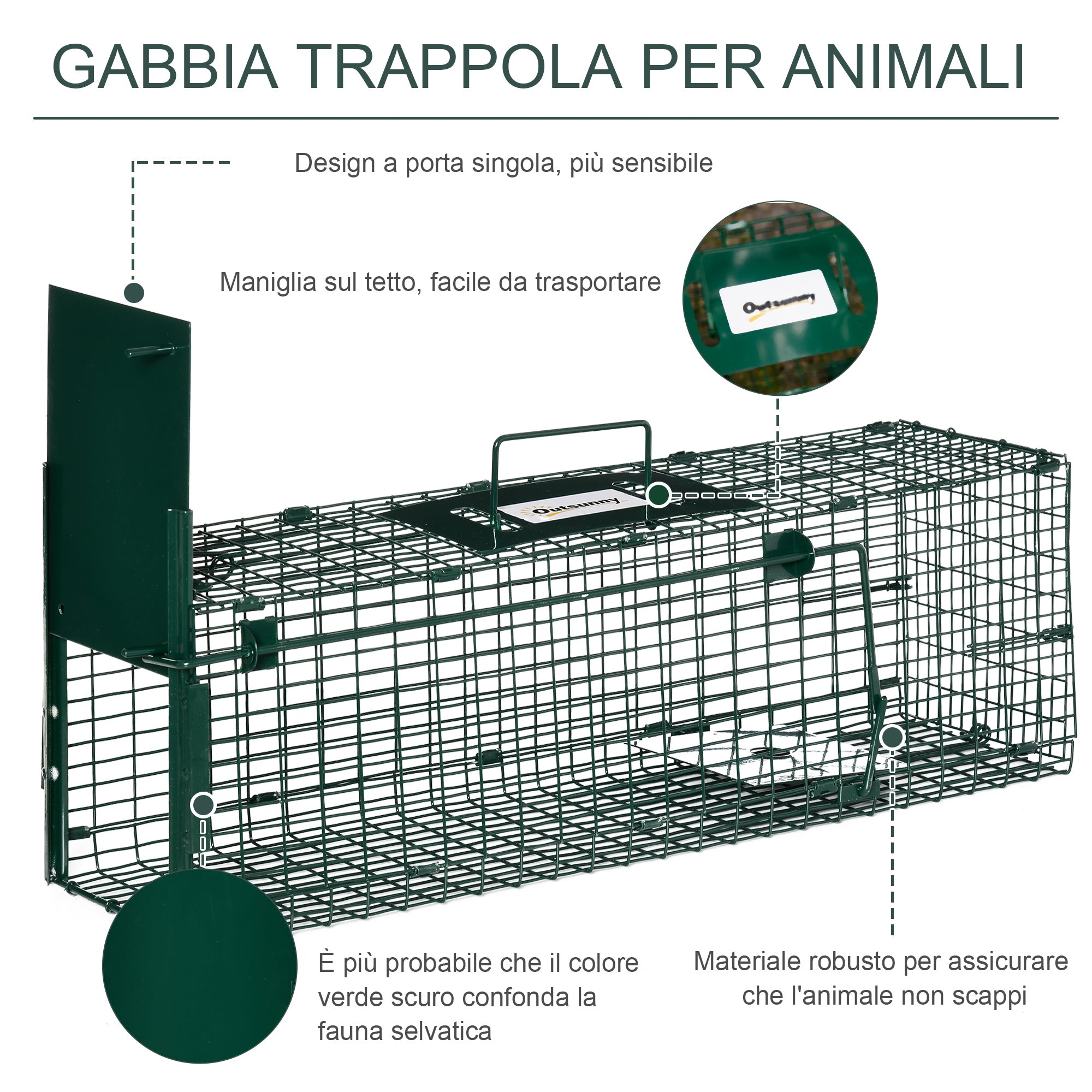 EASYCOMFORT Gabbia Trappola per Animali Vivi con Porta Singola, 60x18x20cm,  Verde