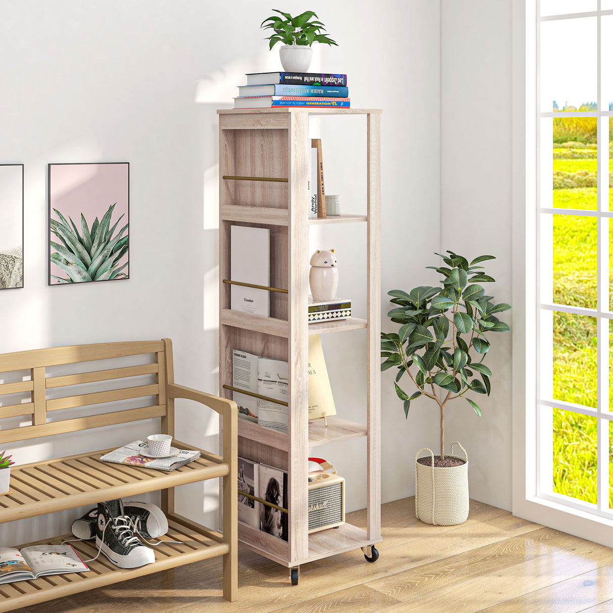 easycomfort easycomfort libreria portariviste moderna a 4 ripiani in legno con rotelle 40x40x150cm quercia