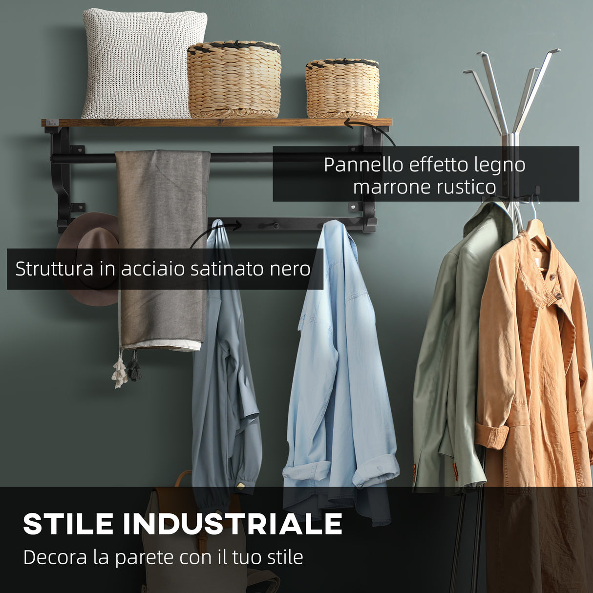 easycomfort easycomfort mensola portaoggetti salvaspazio a parete con 7 ganci e asta in acciaio e truciolato 66x30x27 cm