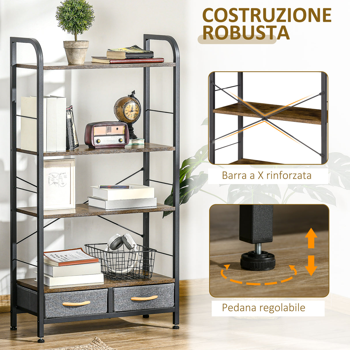 easycomfort easycomfort mobile libreria con 4 scaffali e 2 cassetti in truciolato acciaio e tessuto effetto lino 64x27 5x121 cm