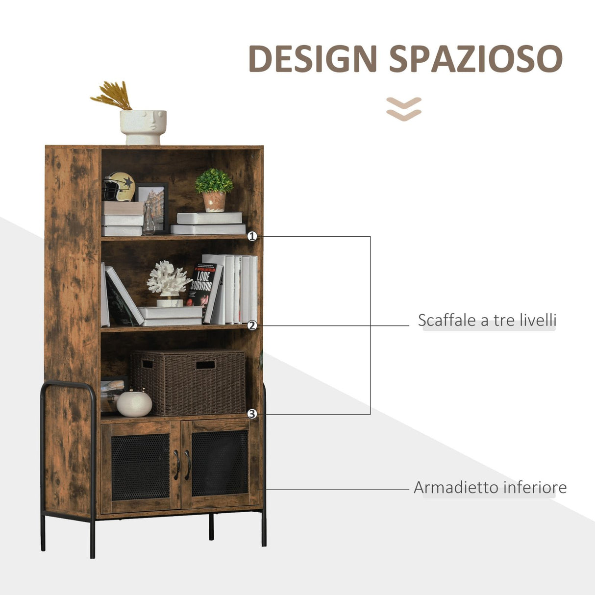 easycomfort easycomfort mobile libreria design industriale con ripiani e armadietto in legno e metallo marrone e nero 81x40x160cm
