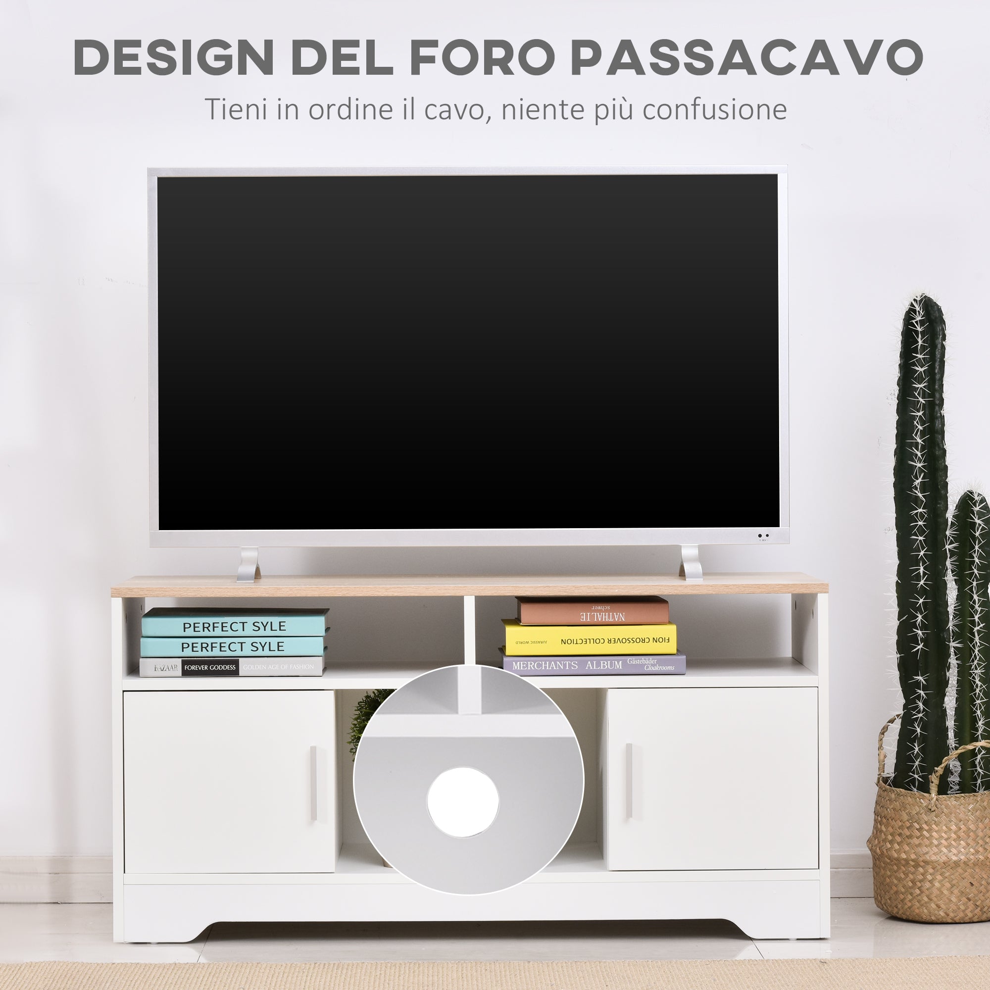 EASYCOMFORT Mobile TV con 3 Scomparti Aperti, 2 Armadietti e Piano  d'Appoggio, Mobile per TV fino a 50, in Truciolato, 105x40x52cm, Bianco e  Legno