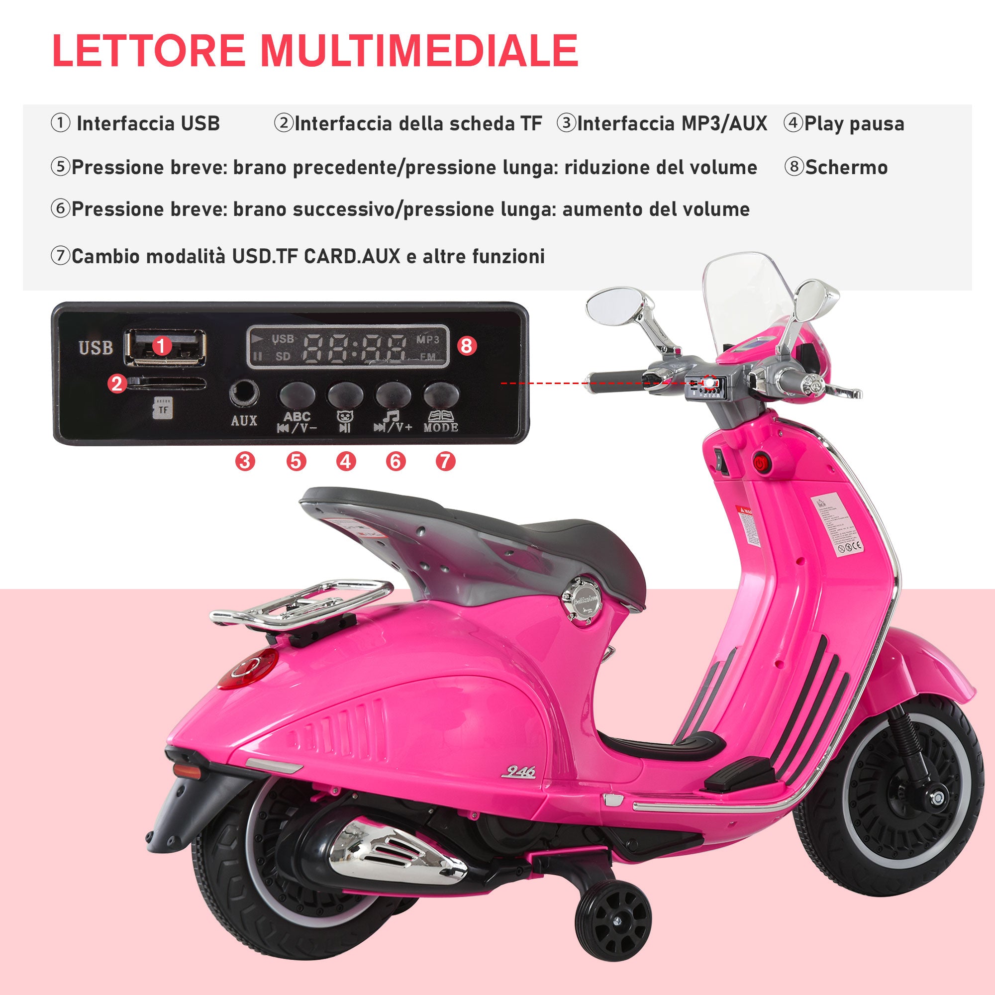 EASYCOMFORT Moto Elettrica per Bambini con Licenza Ufficiale Vespa, 2  Rotelle, Luci e Suoni, 108x49x75 cm, Rosa