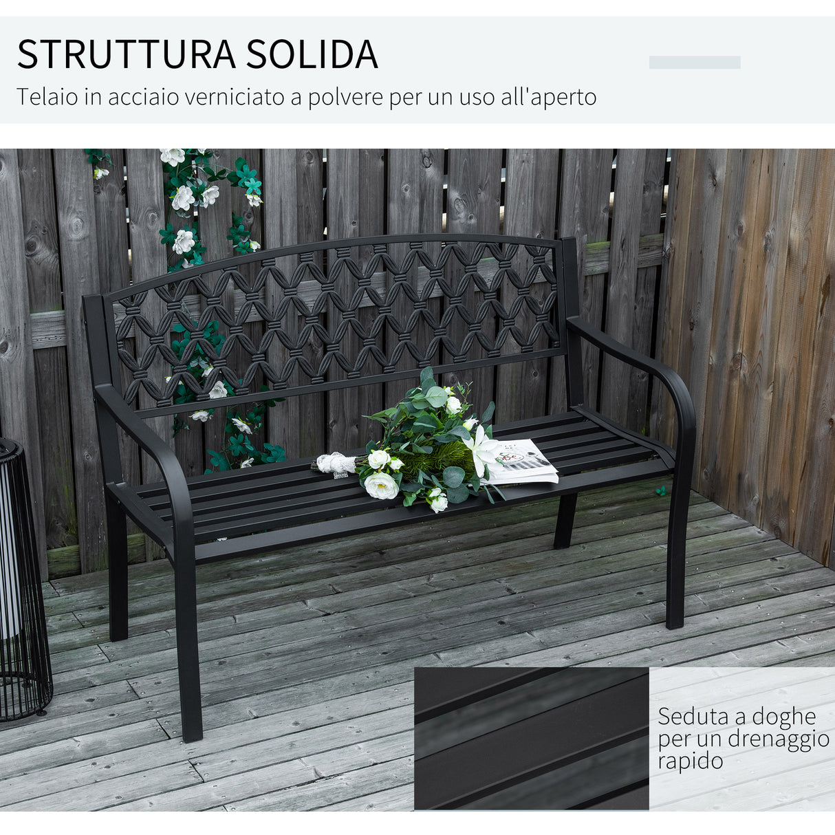 easycomfort easycomfort panchina da esterno 2 posti con braccioli in acciaio e ghisa 128x58 5x89cm nero