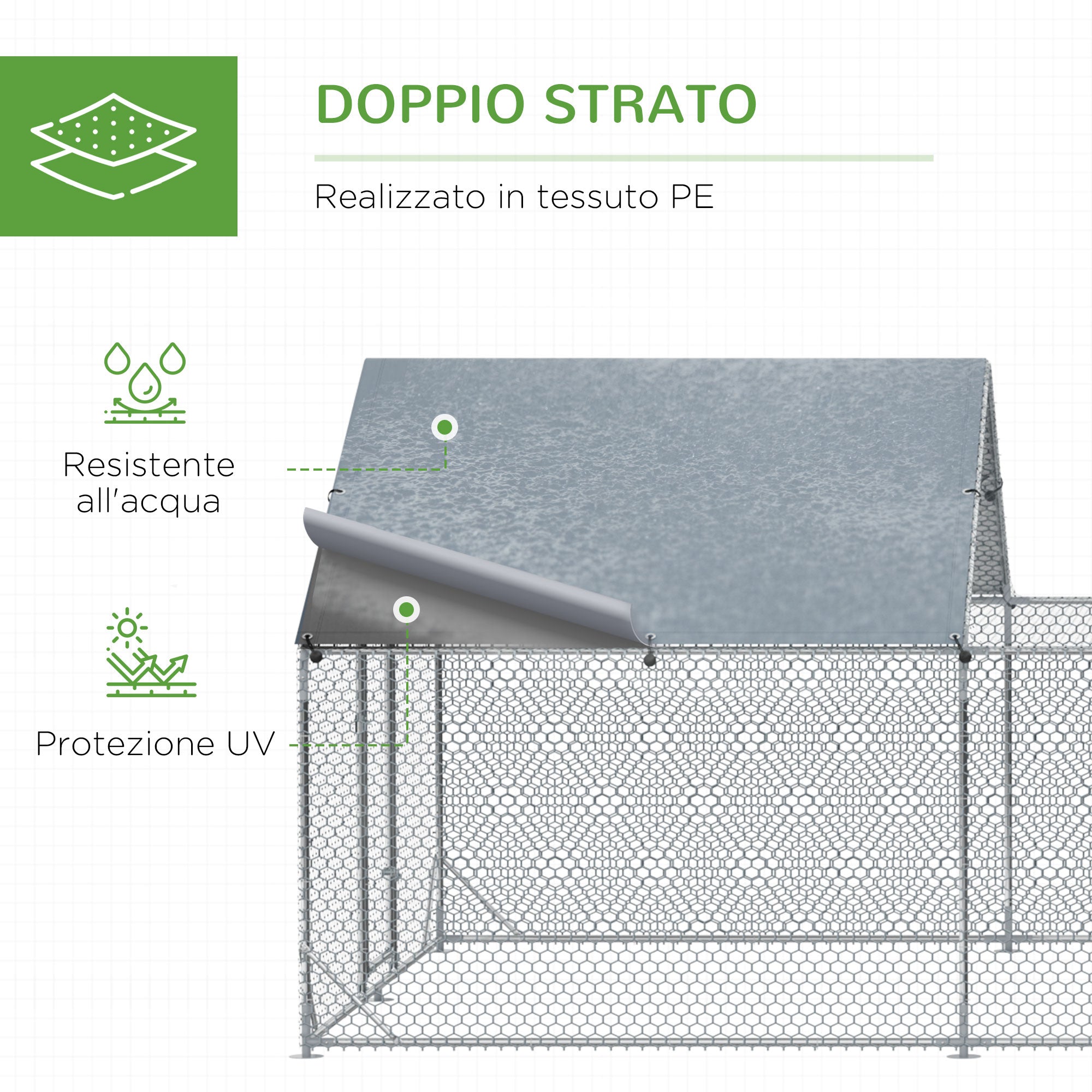 EASYCOMFORT Pollaio da Giardino per 15-18 Galline in Acciaio Zincato e PE  con Tettoia e Serratura, 600x300x195 cm