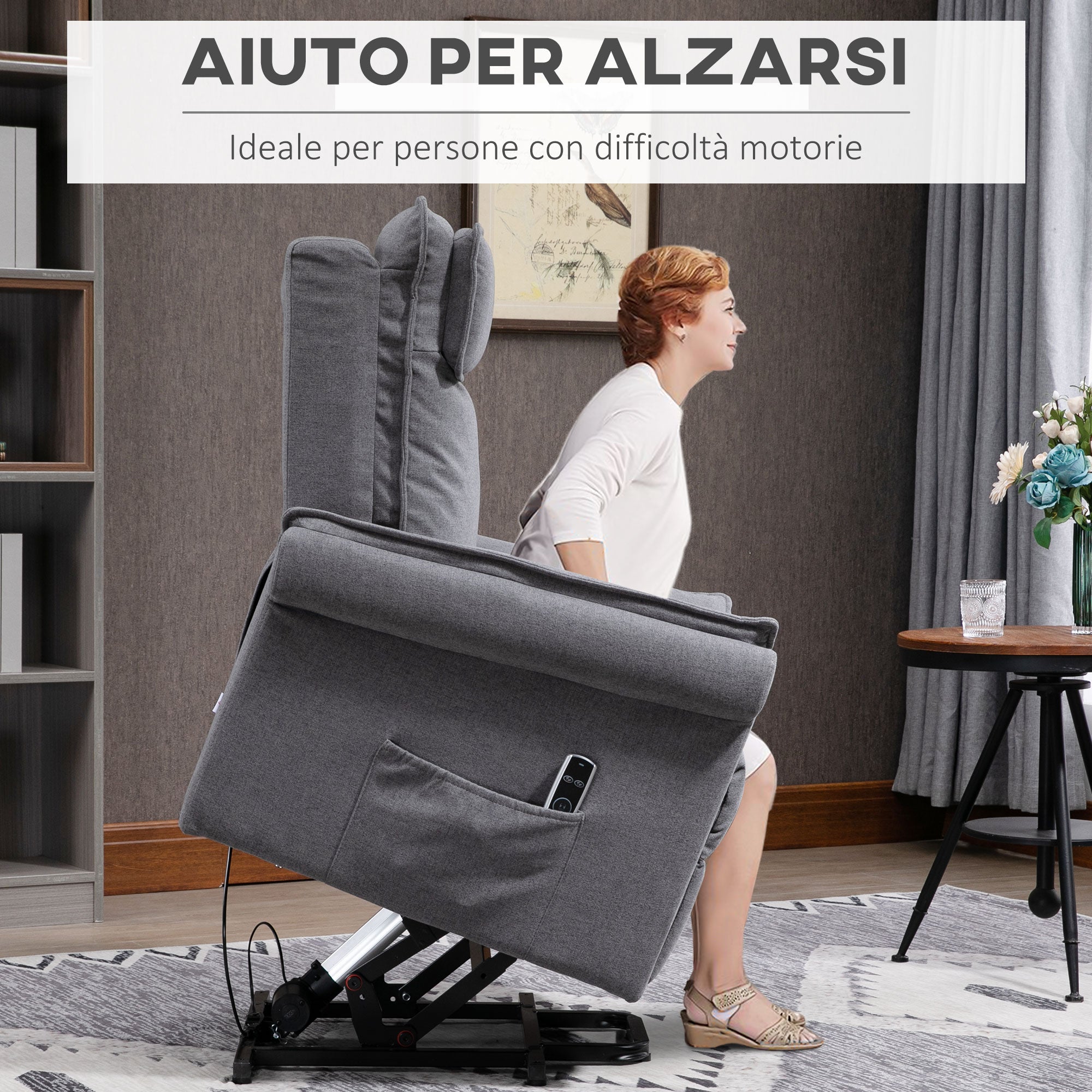 EASYCOMFORT Poltrona Alzapersona Reclinabile con Poggiapiedi, in Poliestere  effetto Lino, 83x89x102 cm, Grigio