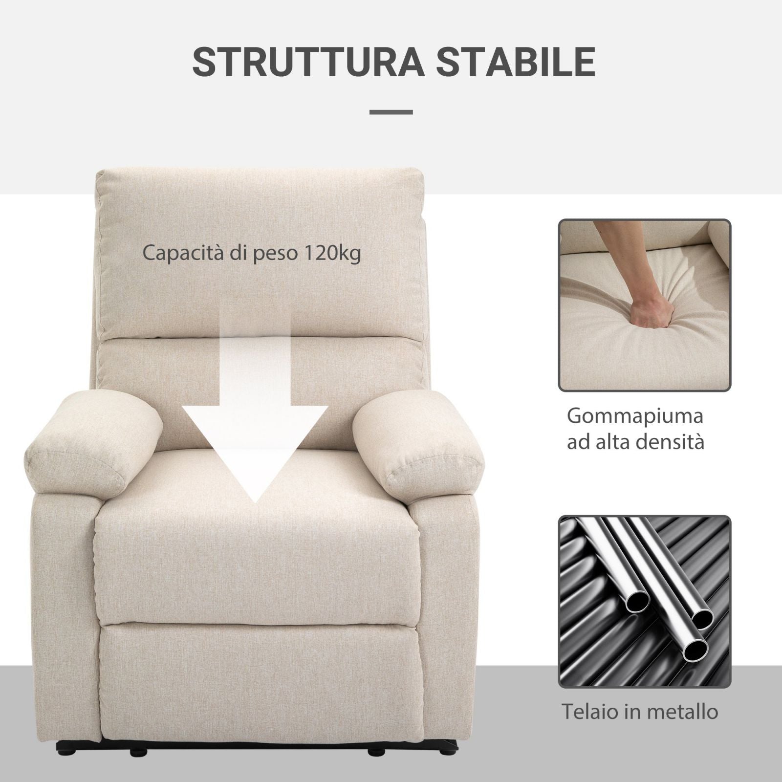 EASYCOMFORT Poltrona Relax con Schienale Reclinabile Manuale in Tessuto  Beige