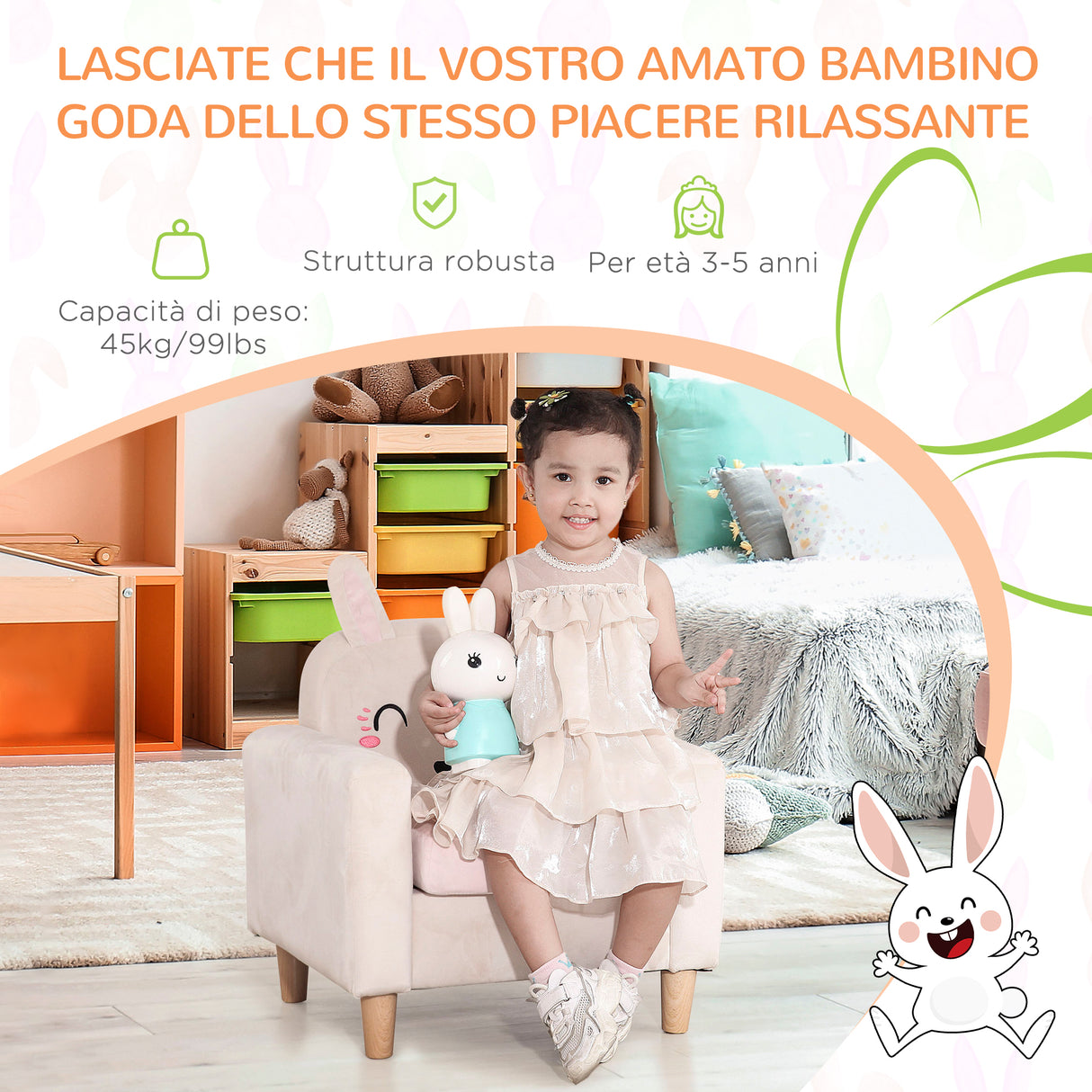 easycomfort easycomfort poltroncina per bambini con design a coniglio e gambe in legno 53x47x54 5cm crema