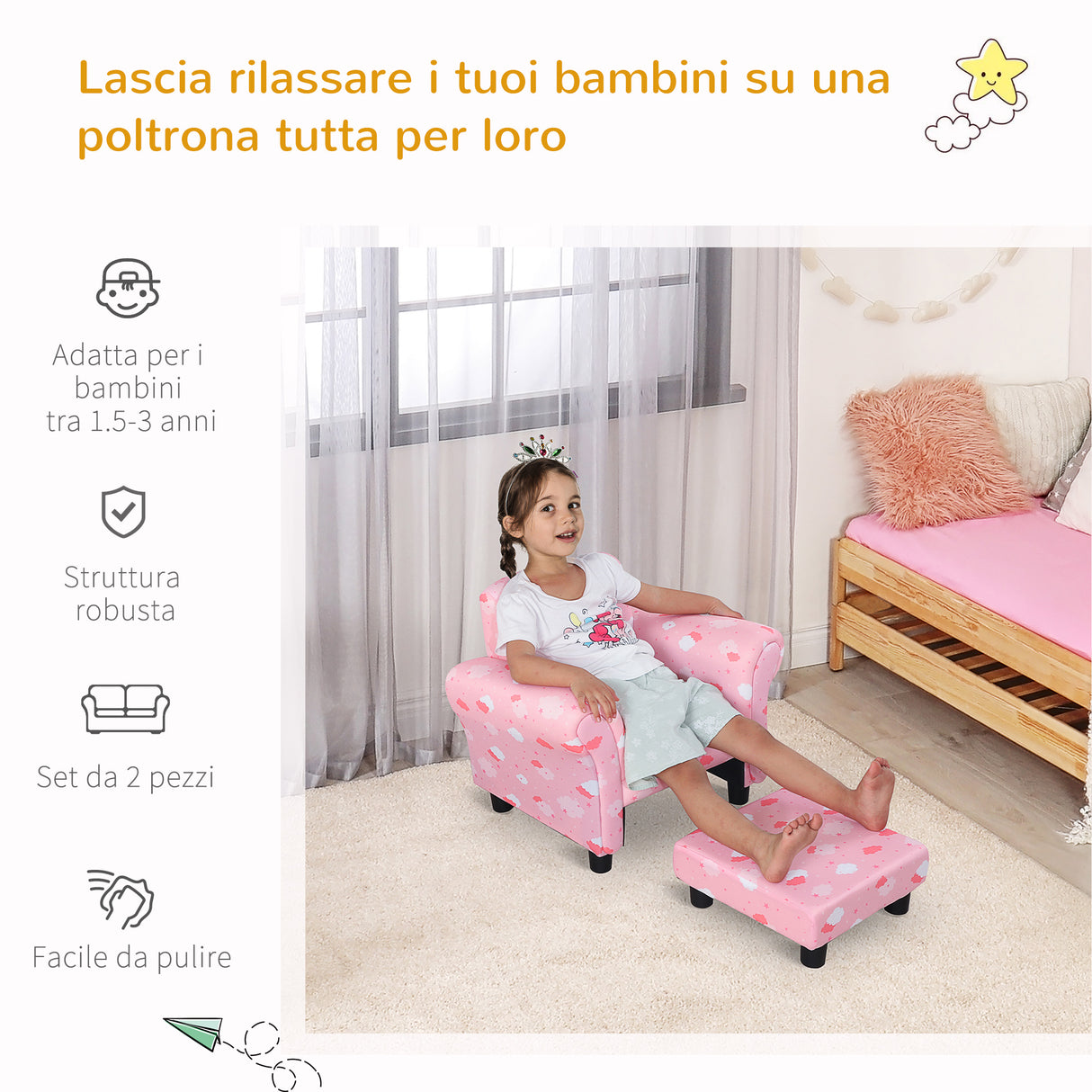 easycomfort easycomfort poltroncina per bambini con poggiapiedi estraibile struttura in legno con imbottitura 57x42x45cm rosa e bianco