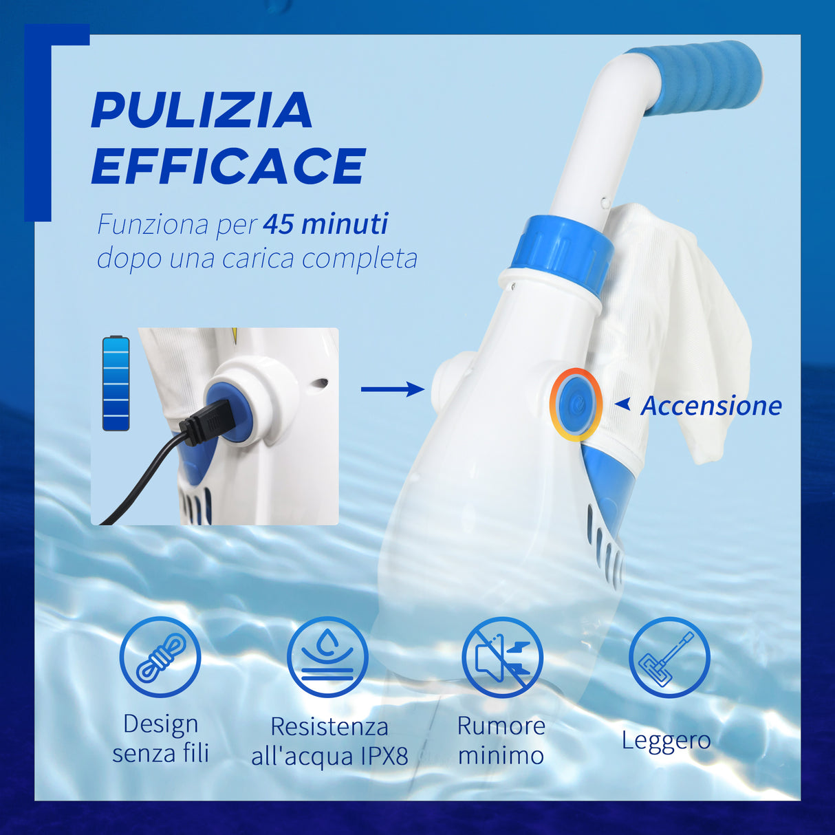 easycomfort easycomfort pulitore aspiratore per piscine a batteria con palo telescopico spazzole e filtro bianco e blu