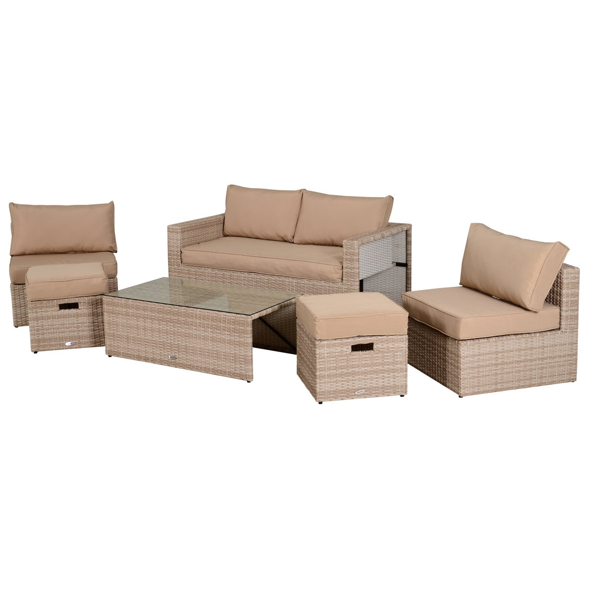 easycomfort easycomfort salotto da giardino in pe rattan 6 pezzi con divano 2 poltroncine 2 pouf e tavolino cachi e beige ean 8055776916521