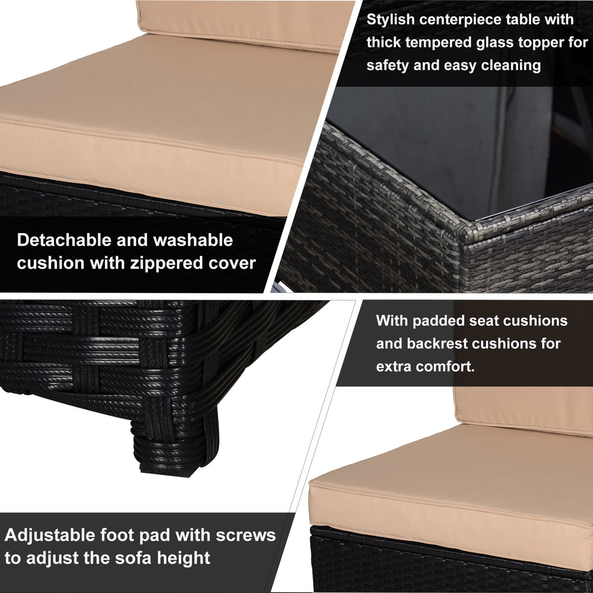 easycomfort easycomfort salotto da giardino in pe rattan 7 pezzi con divano pouf tavolino nero con cuscini cachi e verde