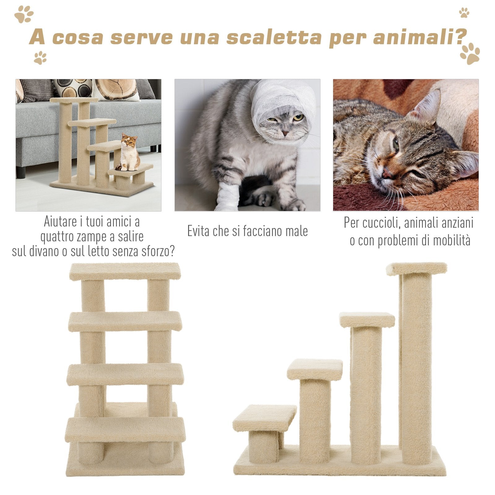 EASYCOMFORT Scaletta per Cani, Gatti e Animali Domestici con 4 Gradini e  Morbido Rivestimento Beige, 63.5 x 43 x 60cm
