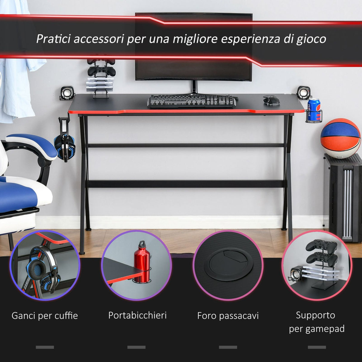 easycomfort easycomfort scrivania gaming con porta bicchieri e supporti nera