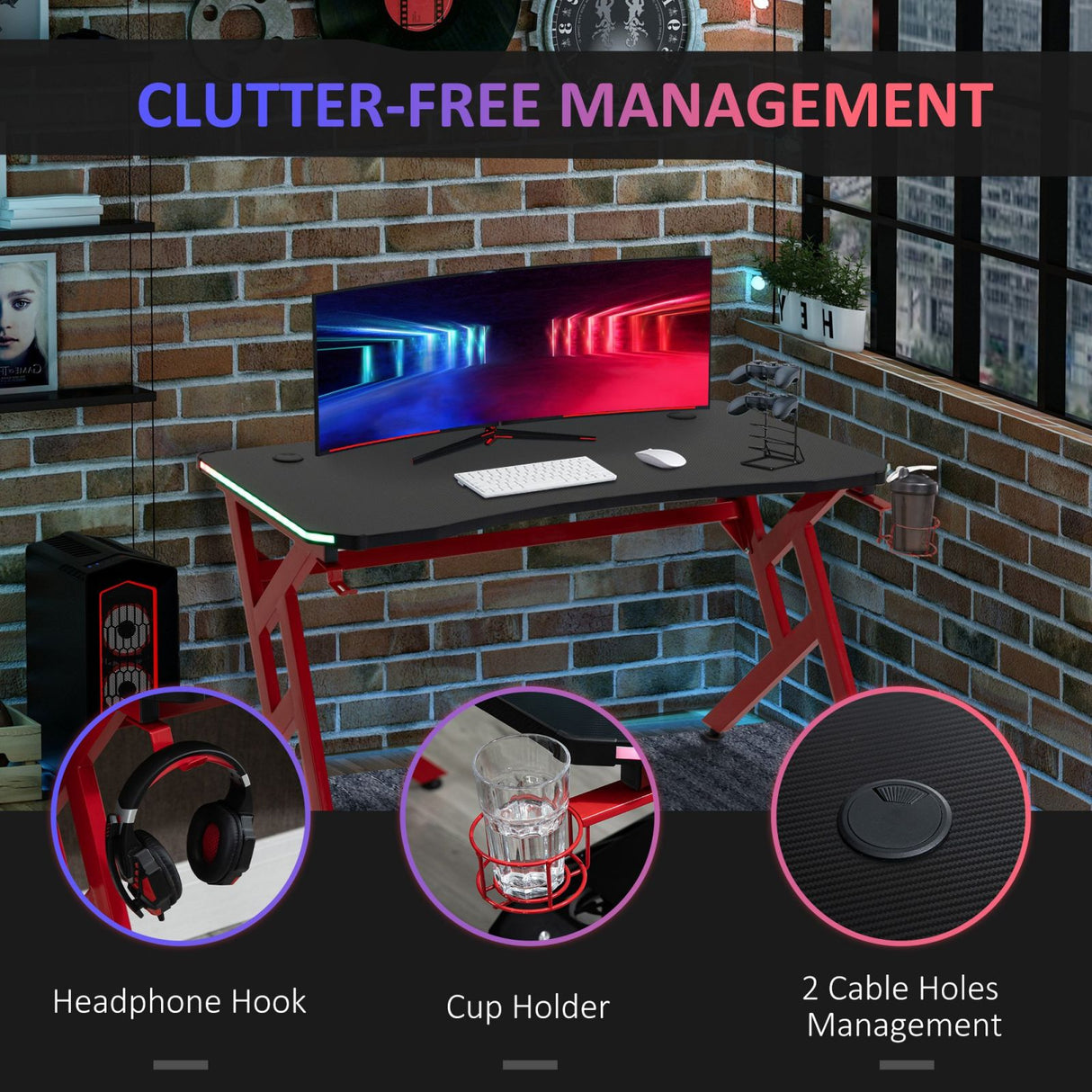 easycomfort easycomfort scrivania moderna da gaming con telecomando porta tazza e gancio cuffie nero