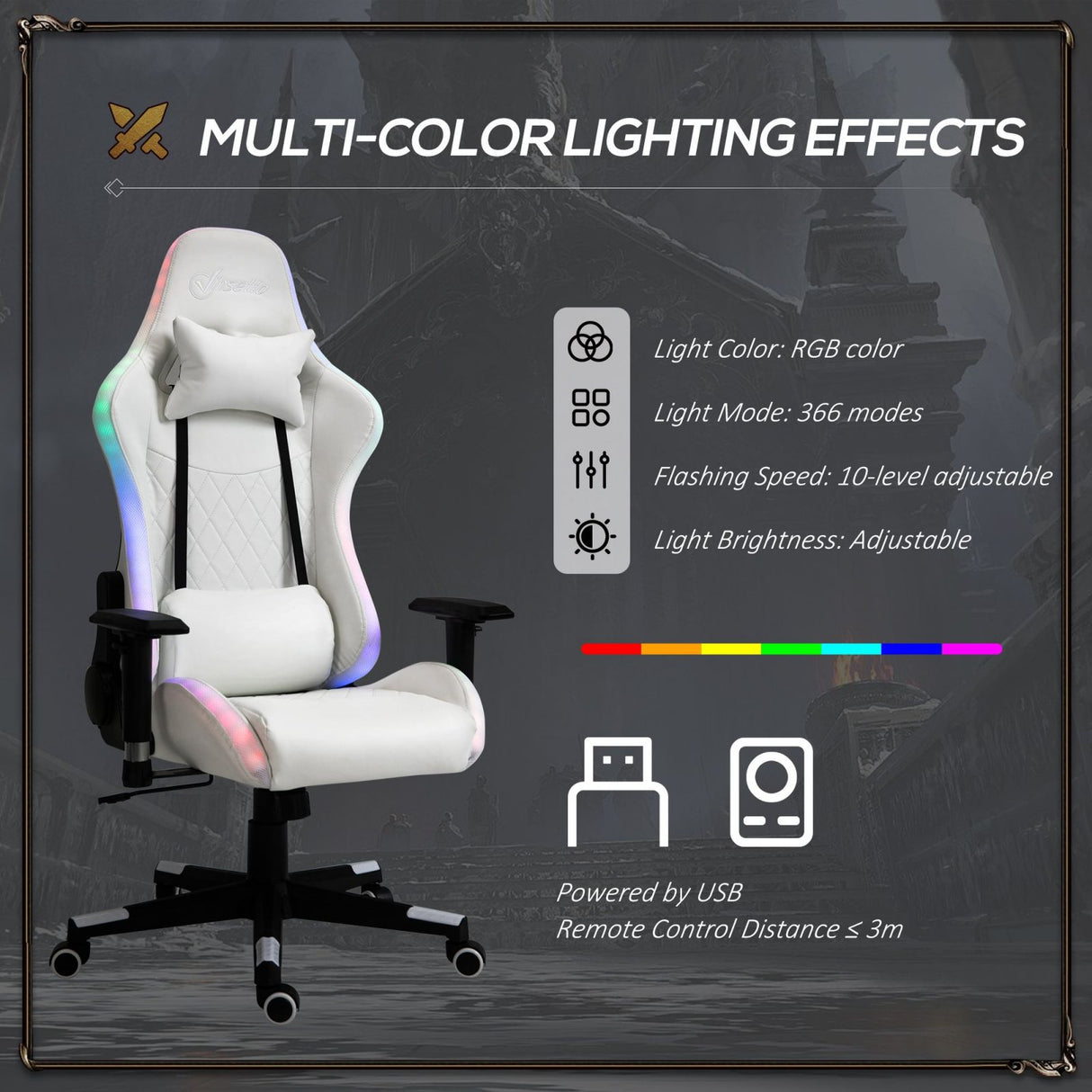 easycomfort easycomfort sedia da gaming luminosa con luci a led altezza regolabile in similpelle bianca