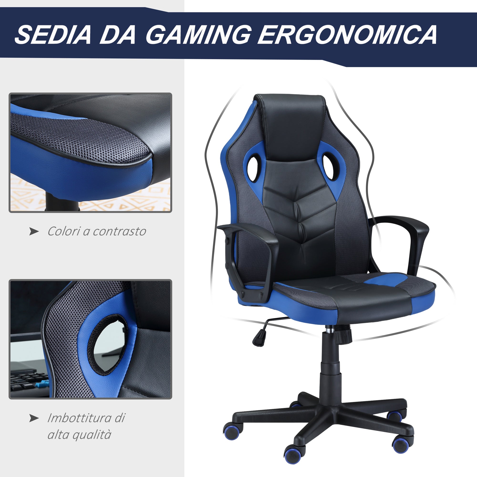 EASYCOMFORT Sedia Gaming Ergonomica, Poltrona da Ufficio Girevole con  Rotelle in Pelle PU Nera e Blu, Altezza Regolabile