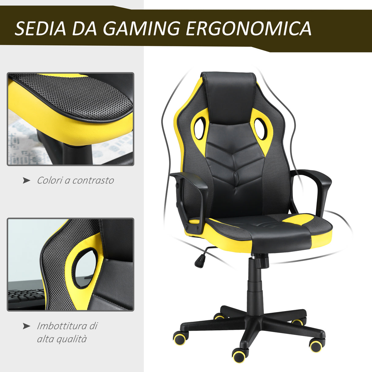 easycomfort easycomfort sedia gaming ergonomica poltrona da ufficio girevole con rotelle in similpelle nera e gialla altezza regolabile