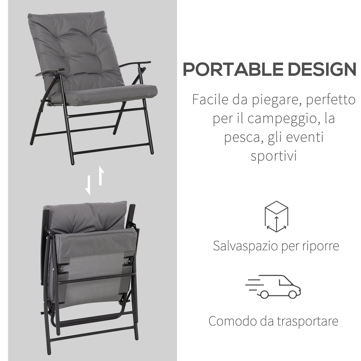 easycomfort easycomfort sedia pieghevole da campeggio con schienale reclinabile su 2 livelli e cuscino rimovibile in metallo e tessuto oxford grigio