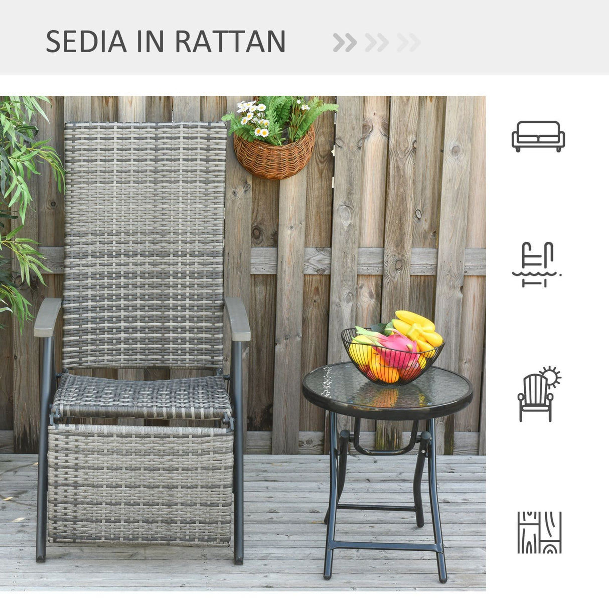 easycomfort easycomfort sedia sdraio da giardino pieghevole reclinabile in rattan pe con braccioli e poggiapiedi grigio ean 8055776913254
