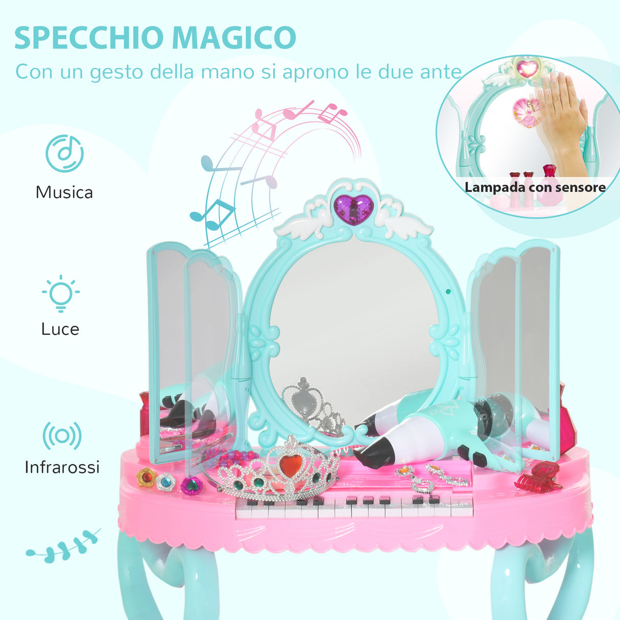 easycomfort easycomfort set 2 in 1 da 32pz per bambine 3 6 anni tavolo per trucco con accessori e pianoforte 49 5x23x66 cm blu e rosa