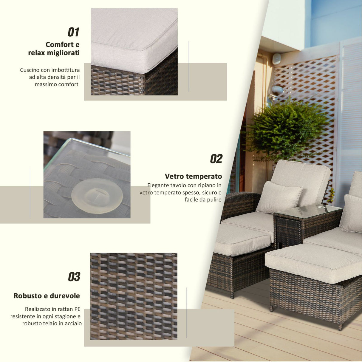 easycomfort easycomfort set 2 poltroncine da giardino reclinabili con poggiapiedi e tavolino in pe rattan marrone ean 8055776912936